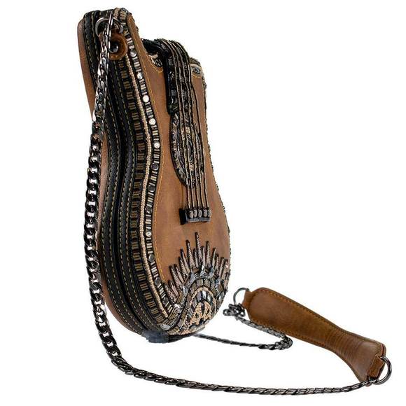 Mary Frances Open Mic Music Bag Brown Guitar Strings Acoustic Beaded Handbag New - Picture 2 of 7